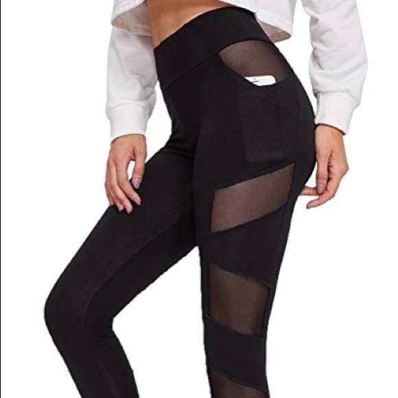 Black Mesh Panel Side High Waist Leggings - Picture 2 of 7